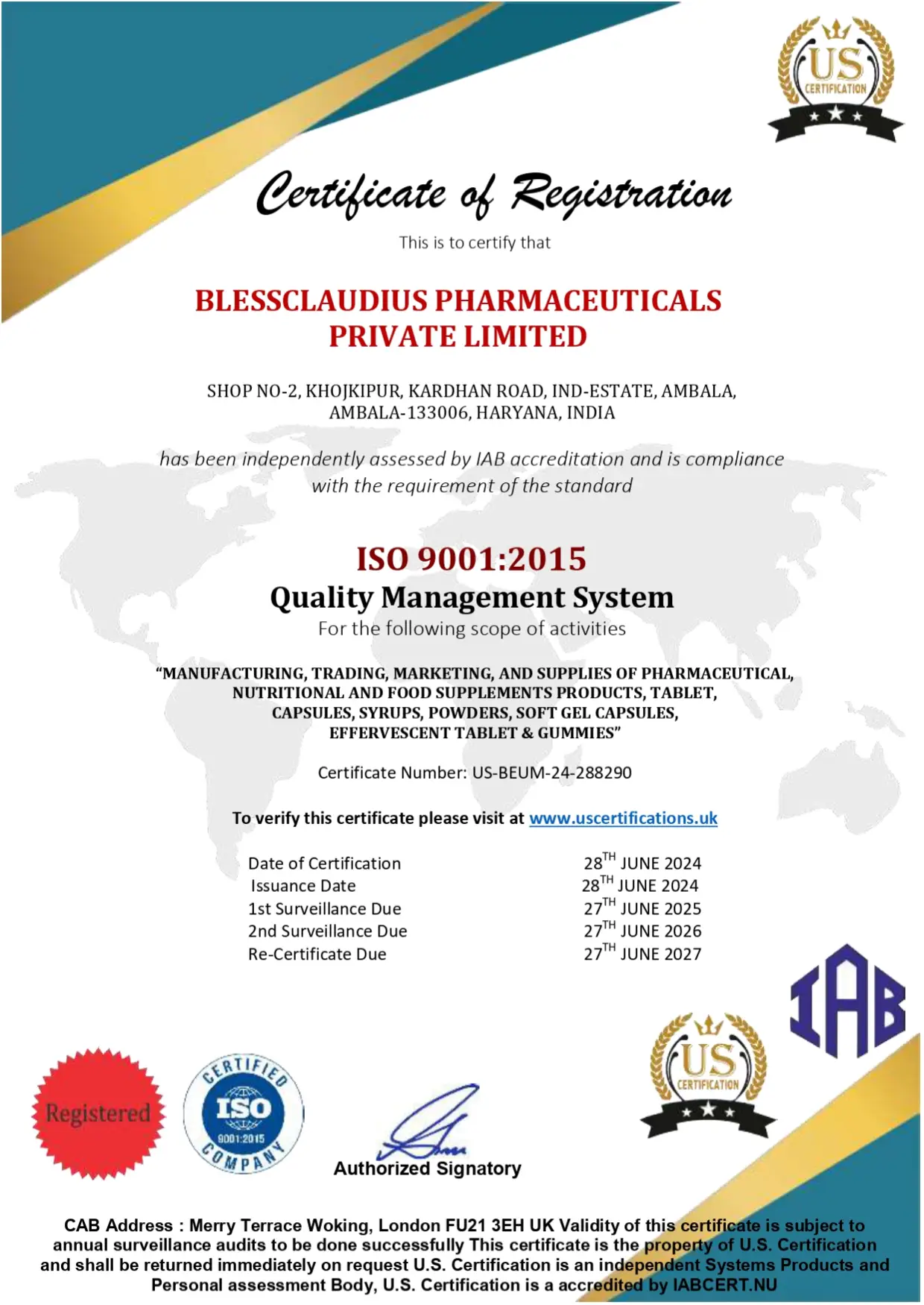 Certificate of Registration (ISO 9001:2015)
